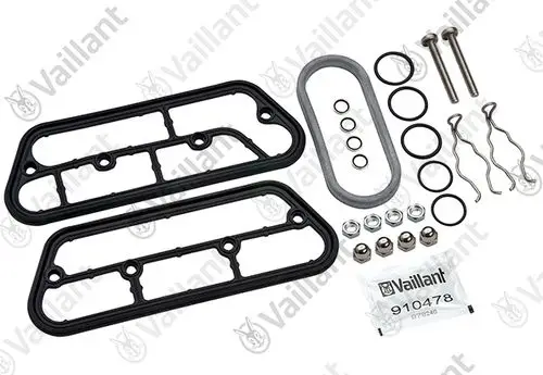Zubehörteilset mit Dichtungen, O-Ringen, Schrauben und Clips für Vaillant Produkte. Enthält zwei Gummidichtungen und verschiedene Montagekomponenten.